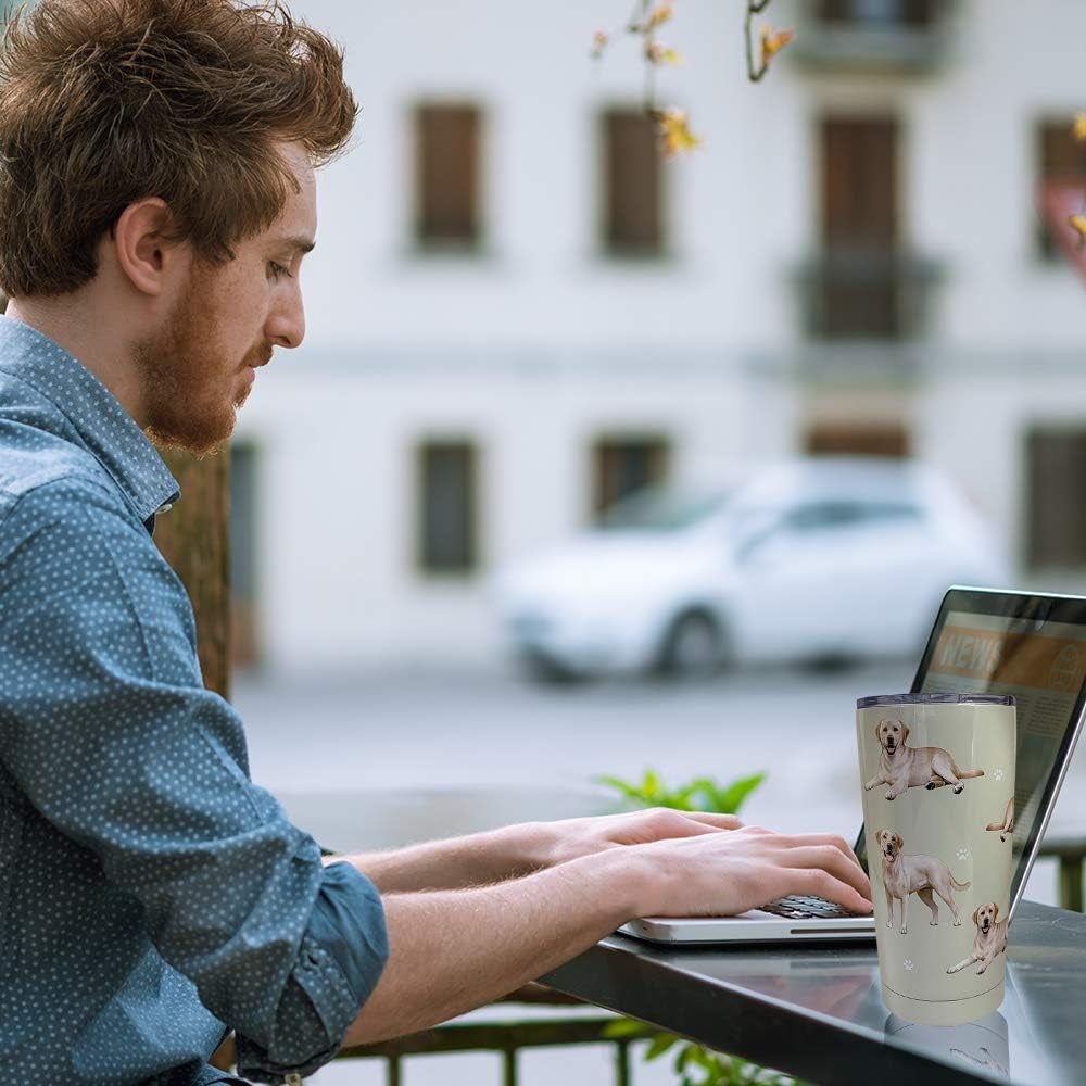 Labrador 20 Oz. Stainless Steel, Vacuum Insulated Tumbler with Spill Proof Lid - 3D Print - Insulated Travel Mug for Hot or Cold Drinks (Labrador Yellow Tumbler)