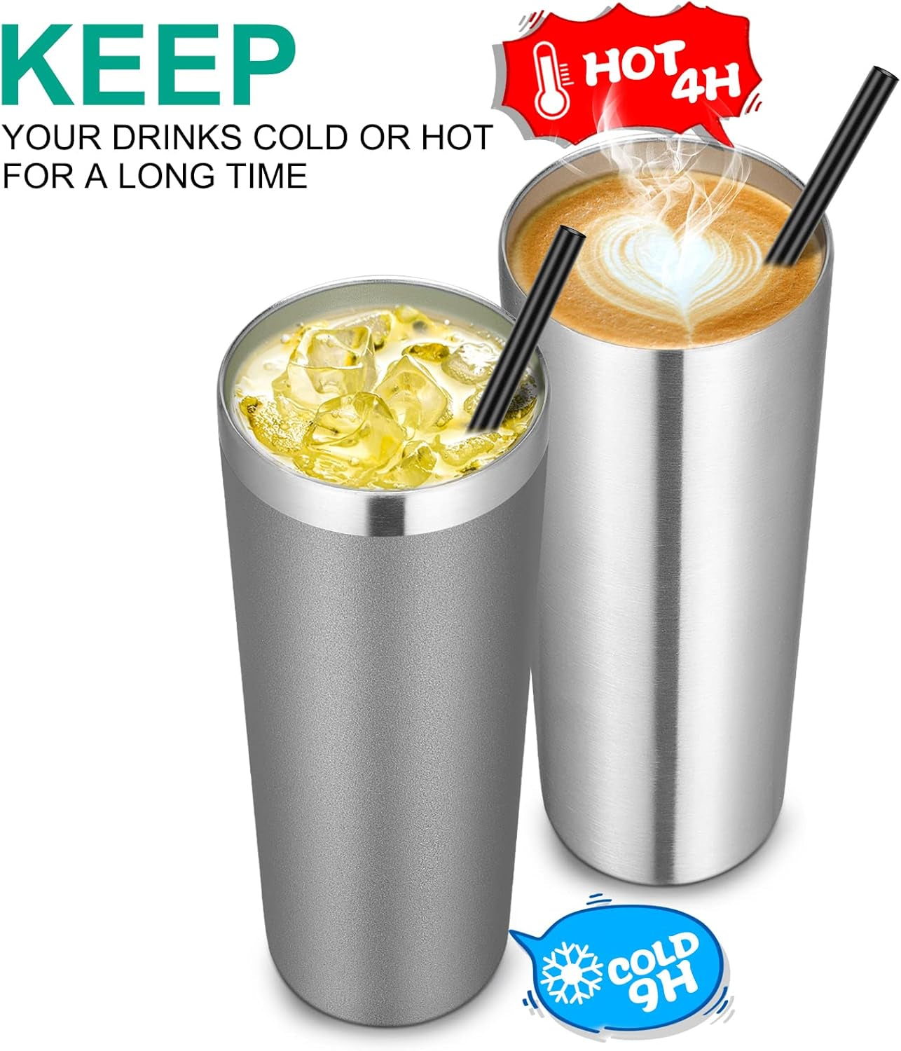 Stainless Steel Tumblers Bulk 6 Pack, 20 Oz Vacuum Insulated Skinny Tumblers with Lid and Straw, Double Wall Coffee Mug, Travel Water Cup