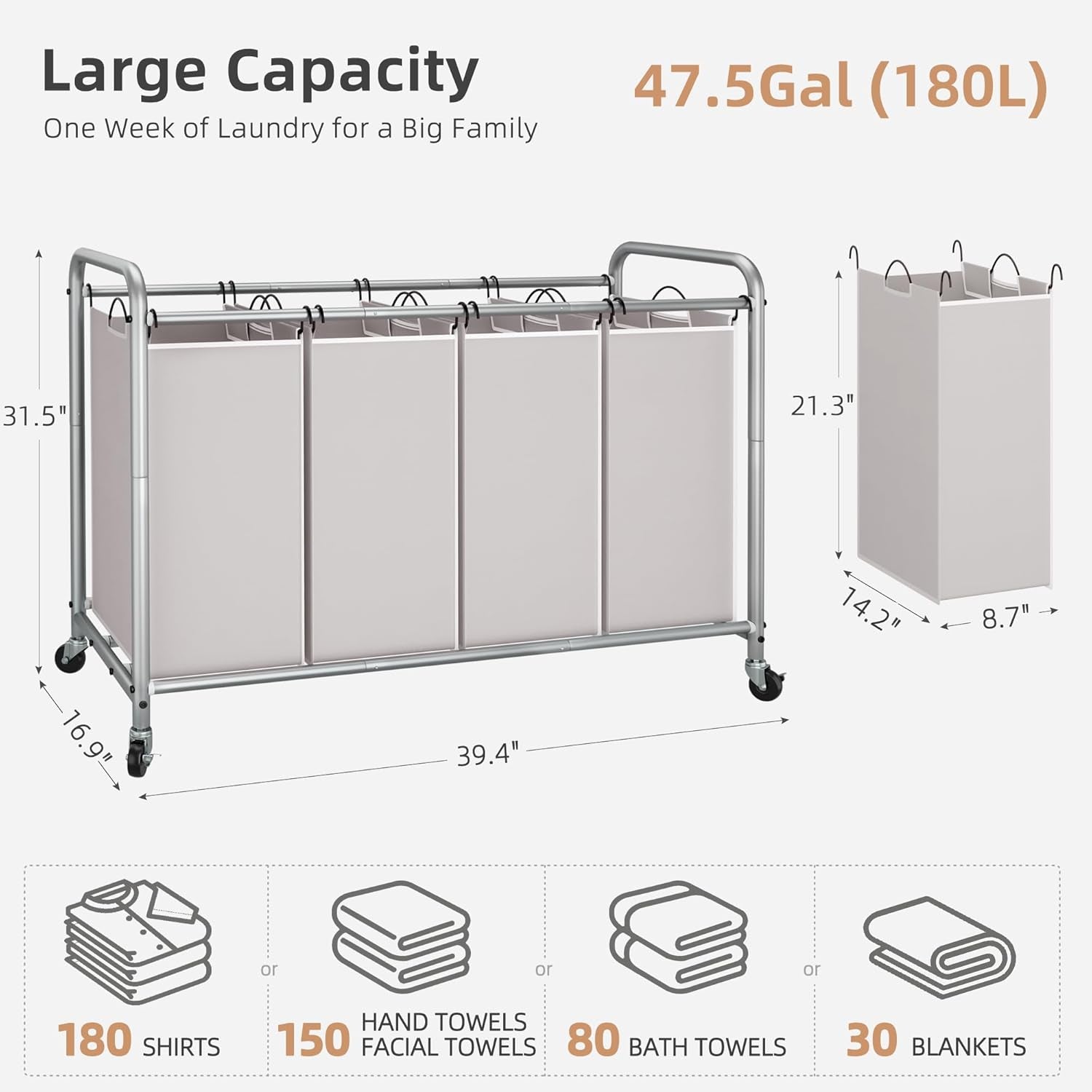 Laundry Sorter 4 Section, 47.5 Gal (180 L) Laundry Hamper with Wheels, Clothes Divider Basket Sorter, Clothes Separator Hamper Cart with Wheels and Removable Bags, Gray