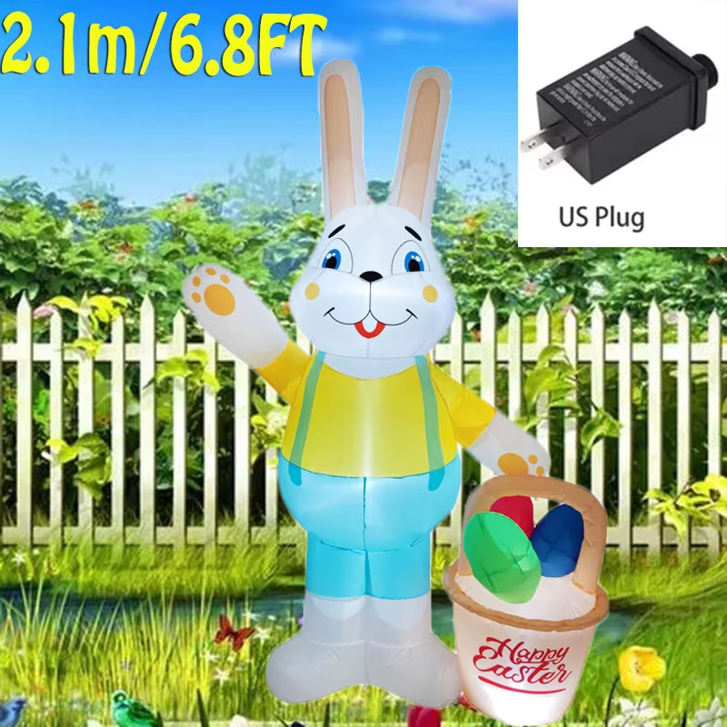 2.1M/6.8Ft Easter Decoration Giant Inflatable Rabbit Carry Basket Built-In LED Lights Indoor Outdoor Courtyard Props Ornament