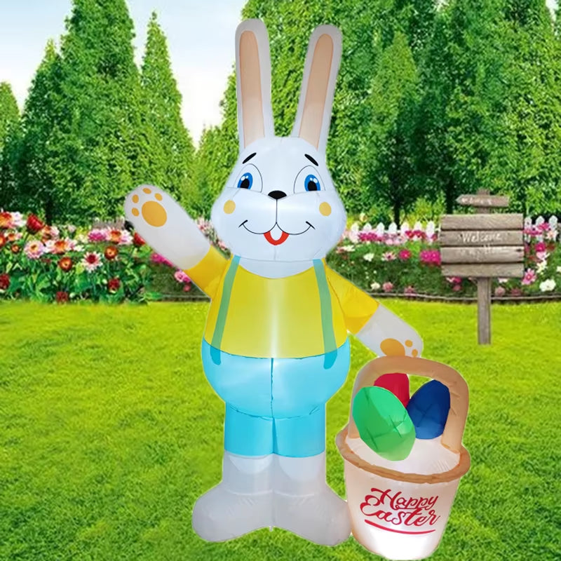2.1M/6.8Ft Easter Decoration Giant Inflatable Rabbit Carry Basket Built-In LED Lights Indoor Outdoor Courtyard Props Ornament