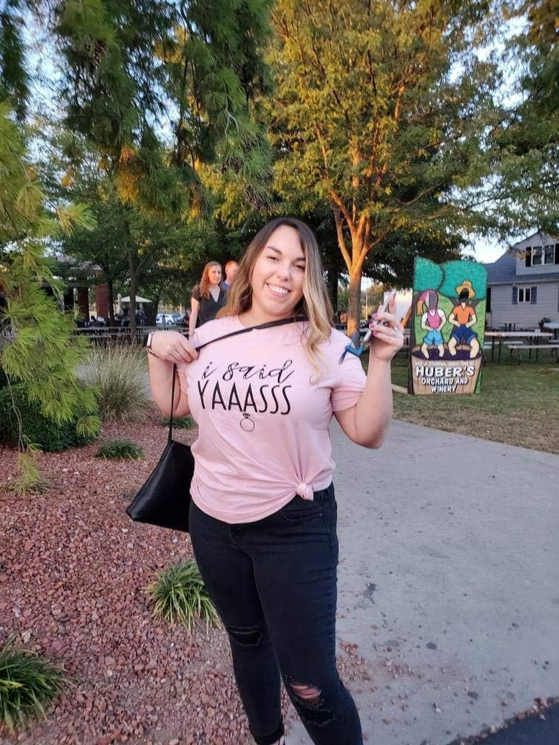 Bride T Shirt I Said Yaass Diamond Ring Wedding Honeymoon Shirts Women Vacation Bachelorette Party Tees Tops Size M (Pink)