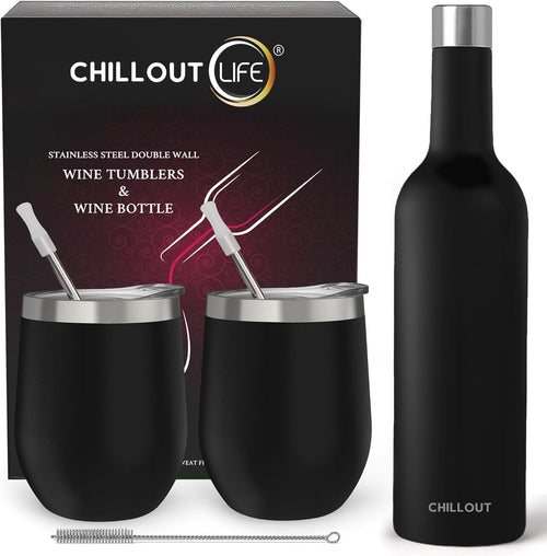 12 Oz Stainless Steel Wine Tumblers 2 Pack & 1 Insulated Wine Bottle - Double Wall Vacuum Insulated Wine Glasses Cups with Lids and Straws Set Keeping Cold & Hot Gift Set