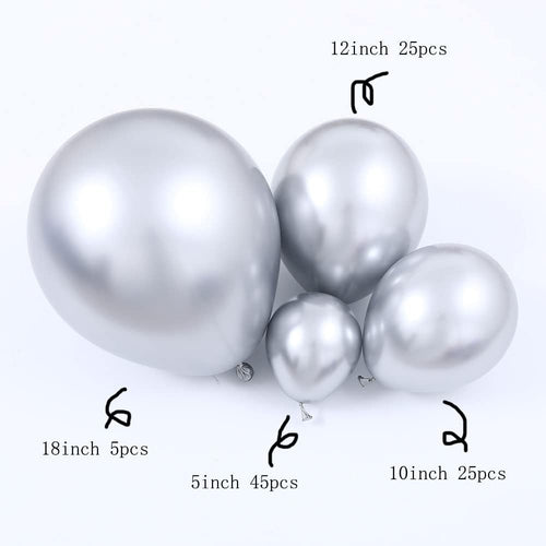 100Pcs Metallic Silver Latex Balloons Various Sizes Chrome Balloon 18/12/10/5 Inch Helium Balloon Perfect for Birthday Valentines Baby Shower Bridal Shower Wedding Anniversary Balloons