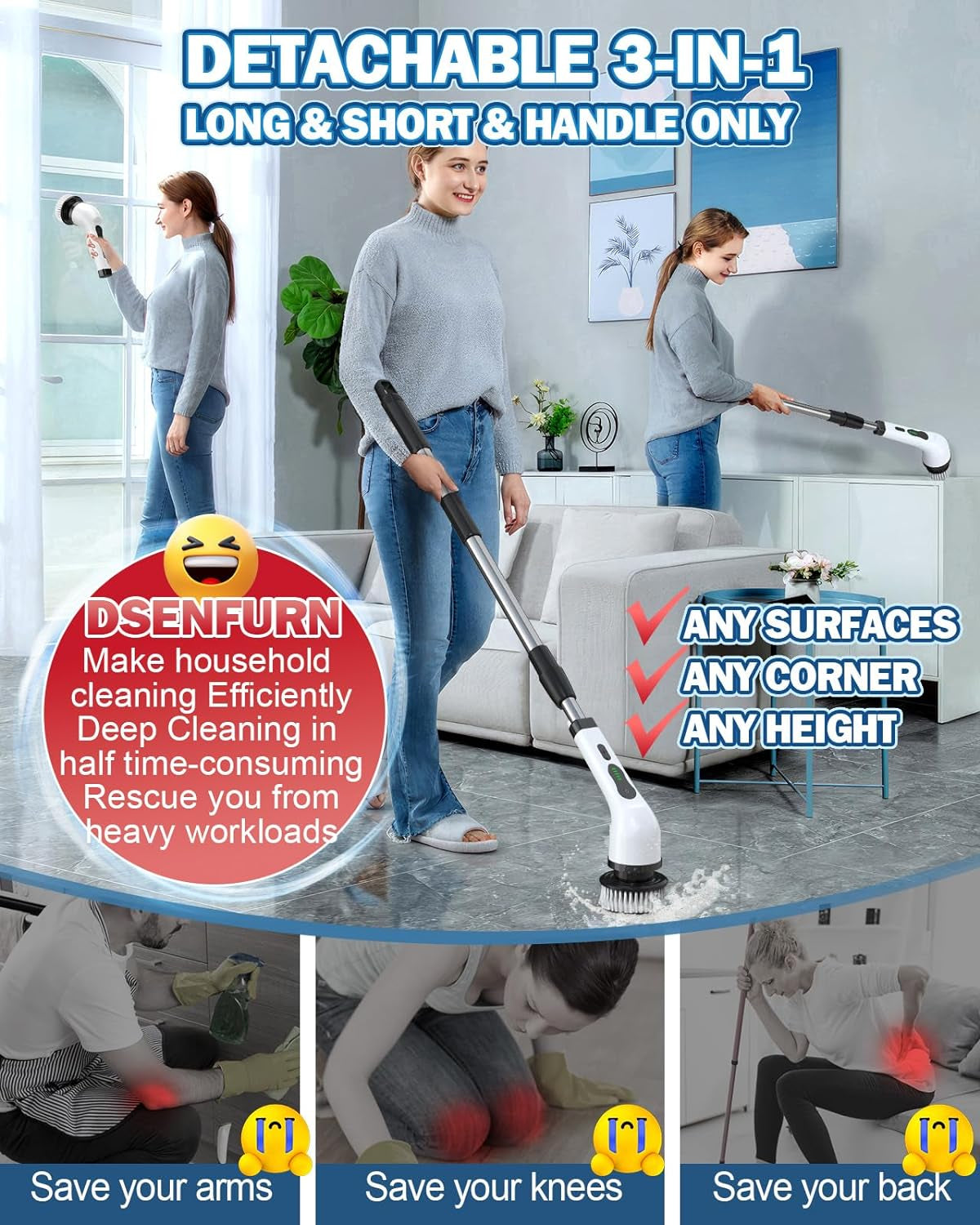 Electric Spin Scrubber, IPX7 Cordless Cleaning Brush with 8 Replaceable Brush Heads, Dual Speed, USB-C Charging, Power Shower Scrubber with Retractable Handle for Bathtub Tile
