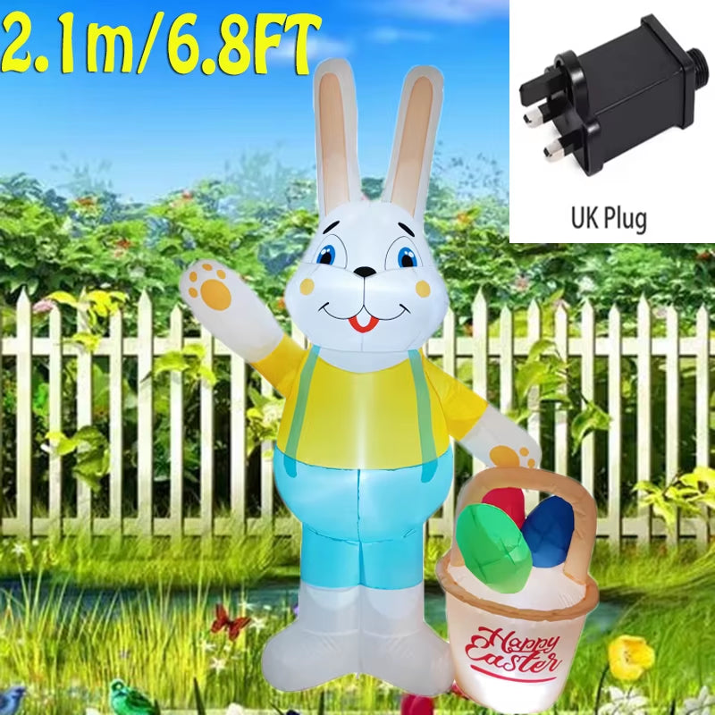 2.1M/6.8Ft Easter Decoration Giant Inflatable Rabbit Carry Basket Built-In LED Lights Indoor Outdoor Courtyard Props Ornament