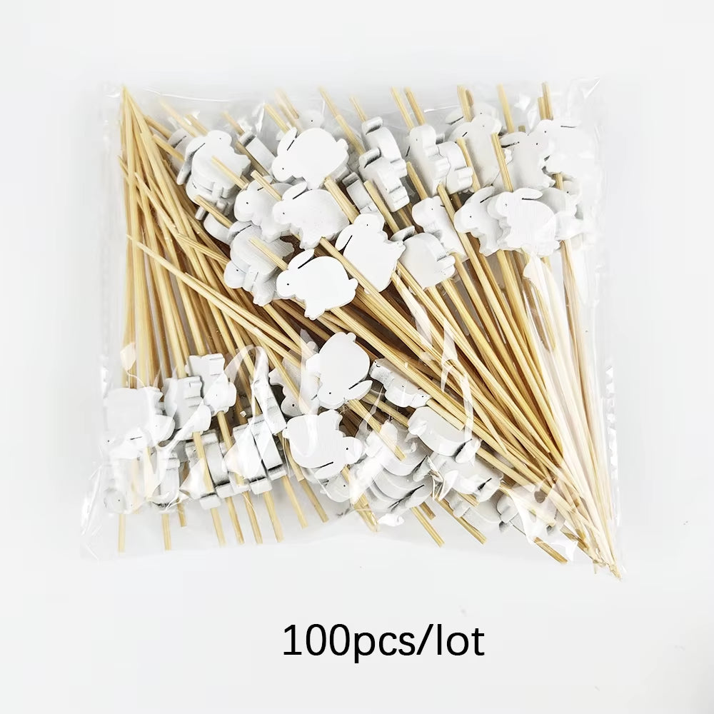 50/100Pcs Easter Disposable Bamboo Skewers Rabbit Easter Eggs Fruit Fork Food Picks Sandwich Buffet Stick Easter Decoration 2026
