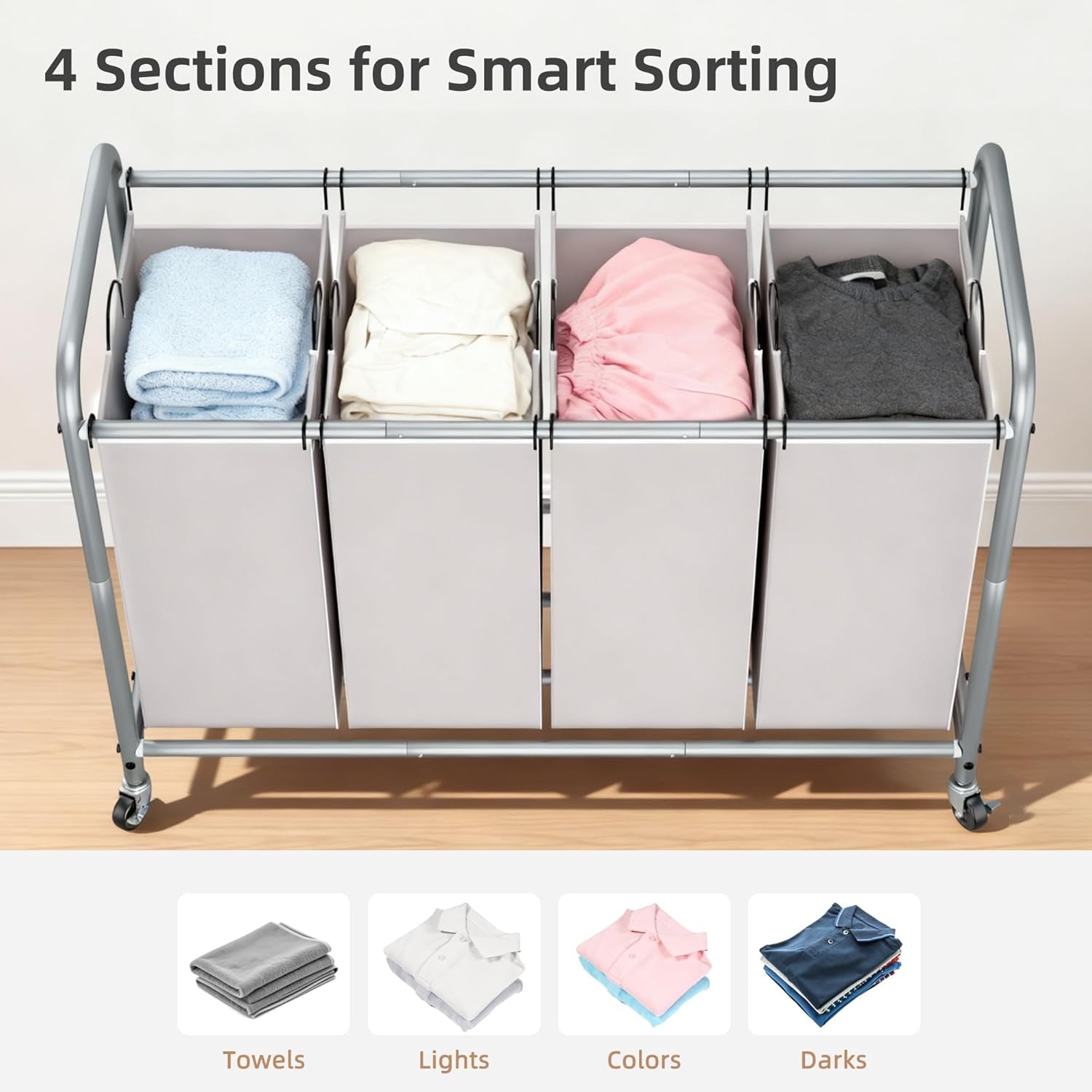 Laundry Sorter 4 Section, 47.5 Gal (180 L) Laundry Hamper with Wheels, Clothes Divider Basket Sorter, Clothes Separator Hamper Cart with Wheels and Removable Bags, Gray