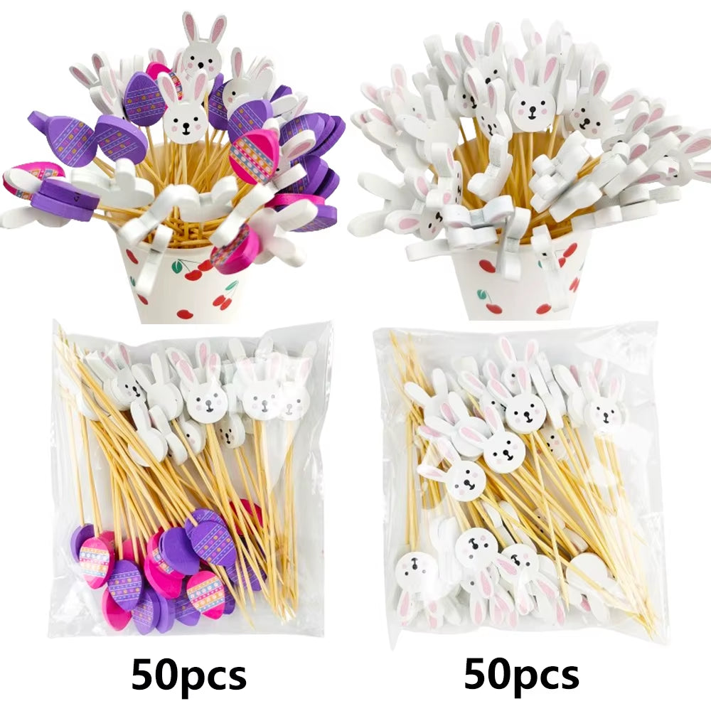 50/100Pcs Easter Disposable Bamboo Skewers Rabbit Easter Eggs Fruit Fork Food Picks Sandwich Buffet Stick Easter Decoration 2026