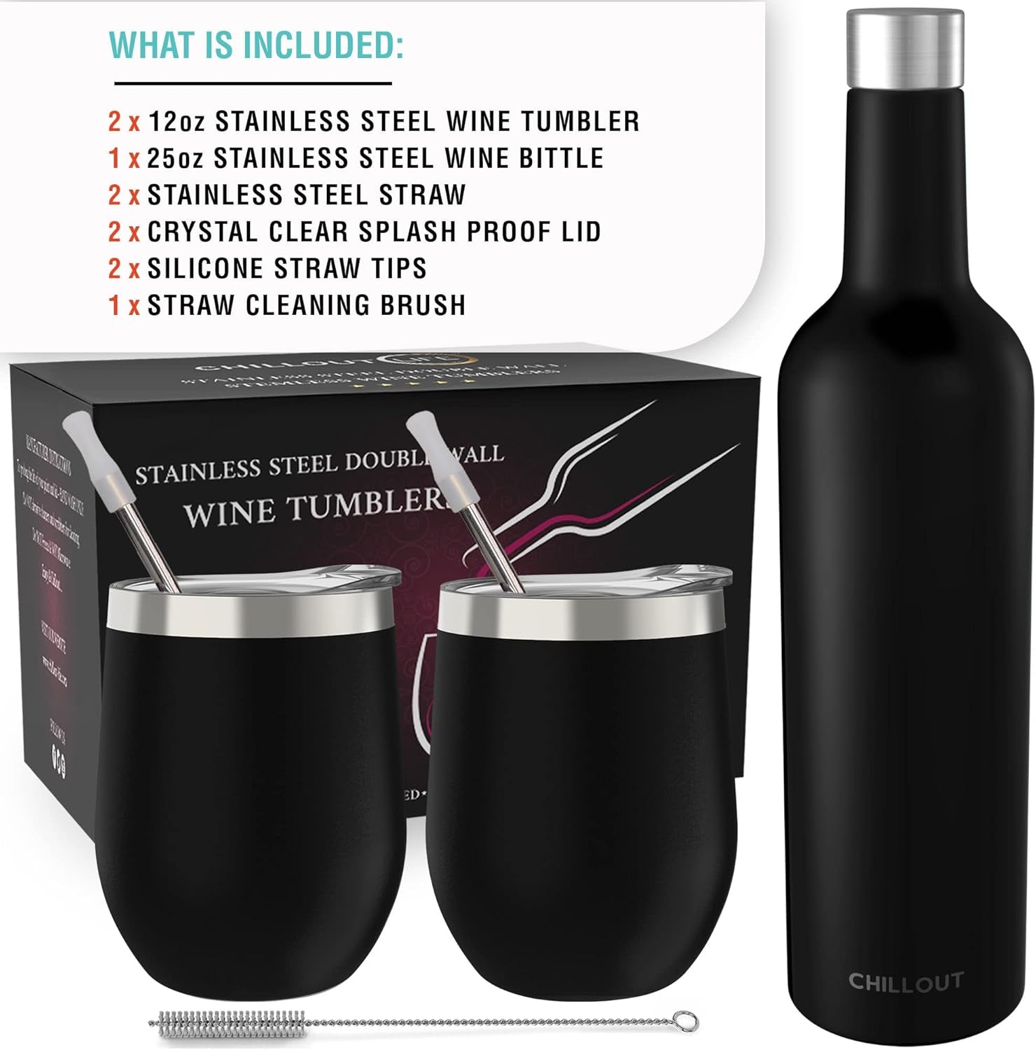 12 Oz Stainless Steel Wine Tumblers 2 Pack & 1 Insulated Wine Bottle - Double Wall Vacuum Insulated Wine Glasses Cups with Lids and Straws Set Keeping Cold & Hot Gift Set