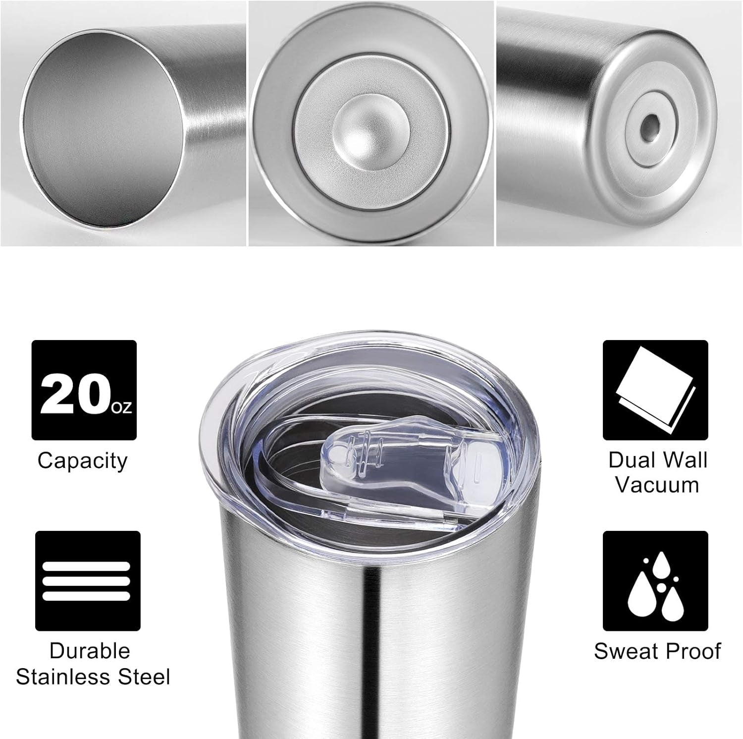 Stainless Steel Tumblers Bulk 6 Pack, 20 Oz Vacuum Insulated Skinny Tumblers with Lid and Straw, Double Wall Coffee Mug, Travel Water Cup