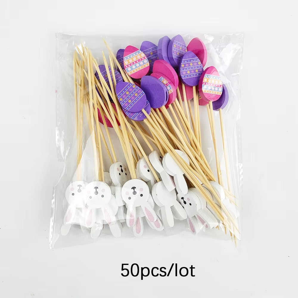 50/100Pcs Easter Disposable Bamboo Skewers Rabbit Easter Eggs Fruit Fork Food Picks Sandwich Buffet Stick Easter Decoration 2026