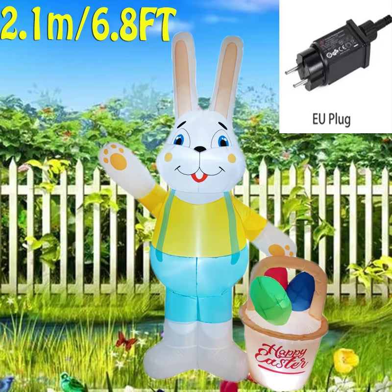 2.1M/6.8Ft Easter Decoration Giant Inflatable Rabbit Carry Basket Built-In LED Lights Indoor Outdoor Courtyard Props Ornament
