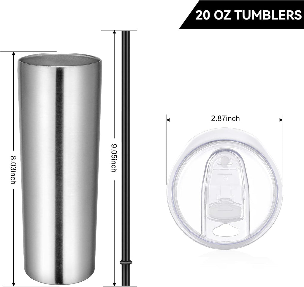 Stainless Steel Tumblers Bulk 6 Pack, 20 Oz Vacuum Insulated Skinny Tumblers with Lid and Straw, Double Wall Coffee Mug, Travel Water Cup