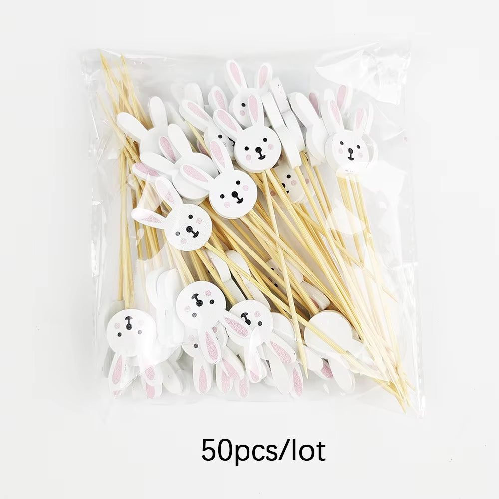 50/100Pcs Easter Disposable Bamboo Skewers Rabbit Easter Eggs Fruit Fork Food Picks Sandwich Buffet Stick Easter Decoration 2026