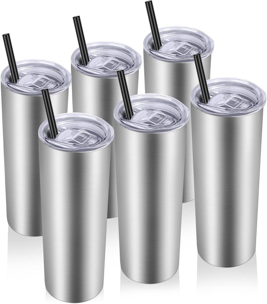 Stainless Steel Tumblers Bulk 6 Pack, 20 Oz Vacuum Insulated Skinny Tumblers with Lid and Straw, Double Wall Coffee Mug, Travel Water Cup
