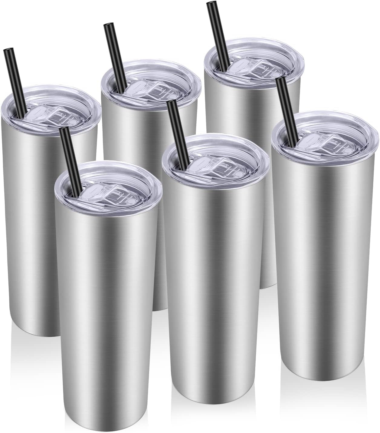 Stainless Steel Tumblers Bulk 6 Pack, 20 Oz Vacuum Insulated Skinny Tumblers with Lid and Straw, Double Wall Coffee Mug, Travel Water Cup