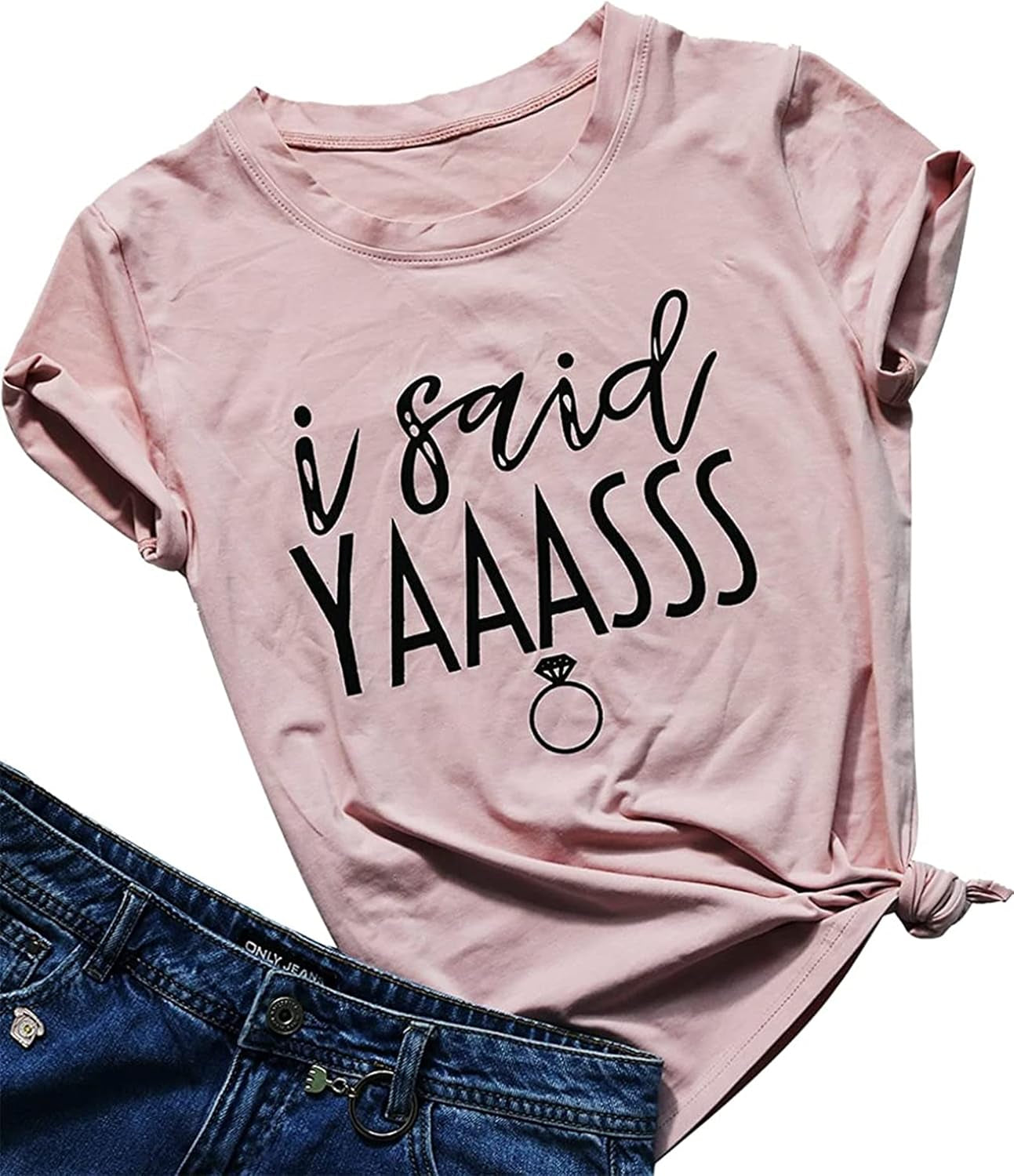 Bride T Shirt I Said Yaass Diamond Ring Wedding Honeymoon Shirts Women Vacation Bachelorette Party Tees Tops Size M (Pink)