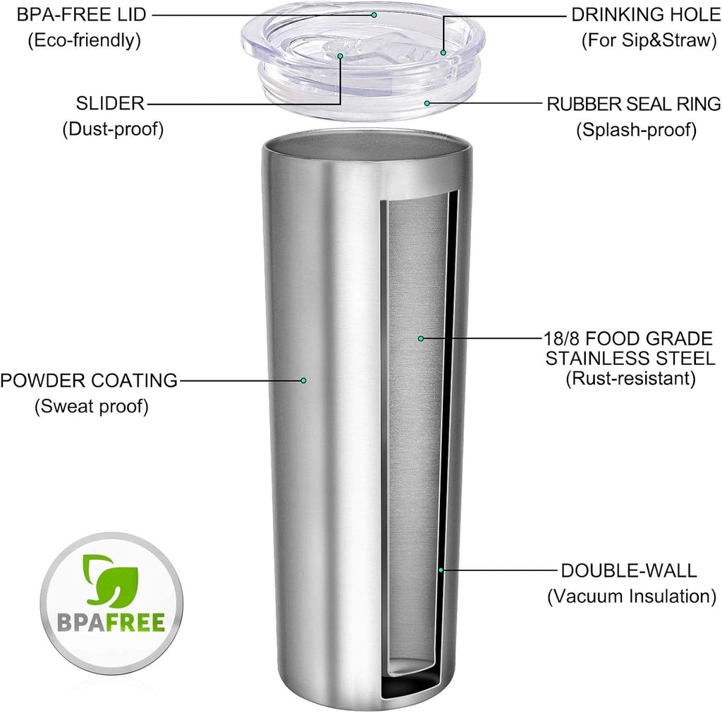 Stainless Steel Tumblers Bulk 6 Pack, 20 Oz Vacuum Insulated Skinny Tumblers with Lid and Straw, Double Wall Coffee Mug, Travel Water Cup
