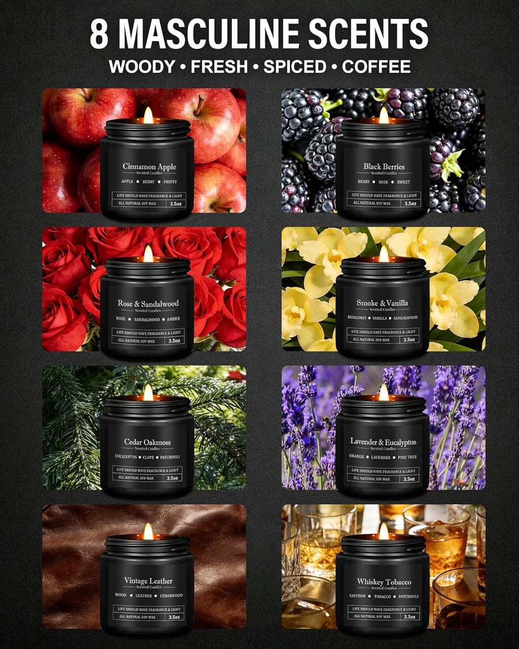 8 Pack Scented Candles for Men, Masculine Candle Gift Set with Smoky & Woody Scents, Soy Wax Aromatherapy Candles for Home, Birthday Gift for Him, Boyfriend, Spring Candles