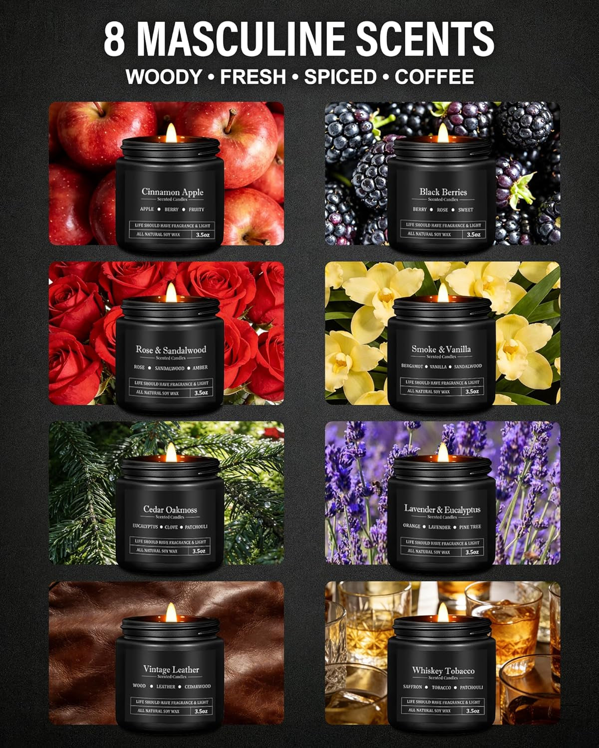 8 Pack Scented Candles for Men, Masculine Candle Gift Set with Smoky & Woody Scents, Soy Wax Aromatherapy Candles for Home, Birthday Gift for Him, Boyfriend, Spring Candles